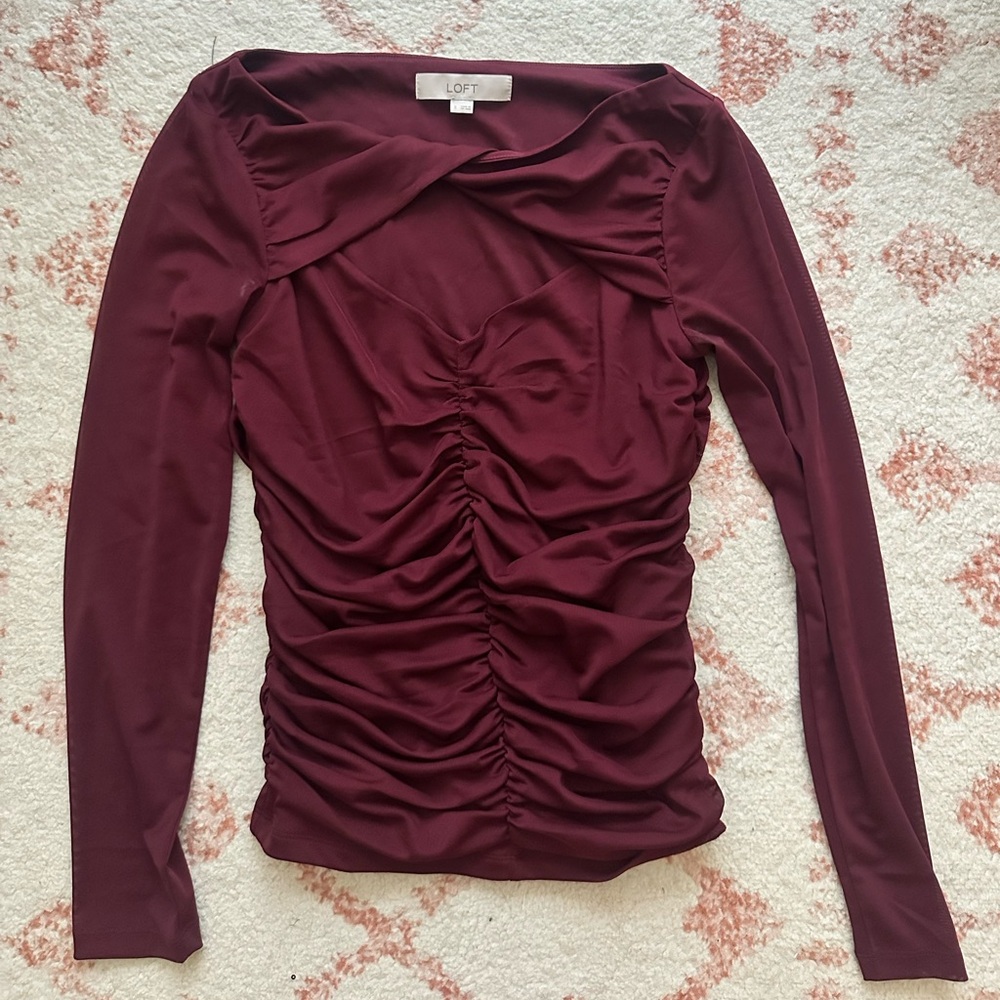 Burgundy Loft Ruched Mesh Shirt